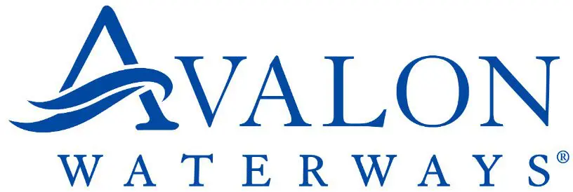 A blue and white logo of avalon waterways