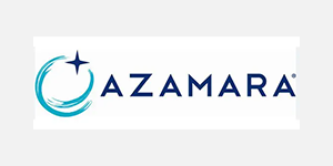 A blue and white logo of azamat