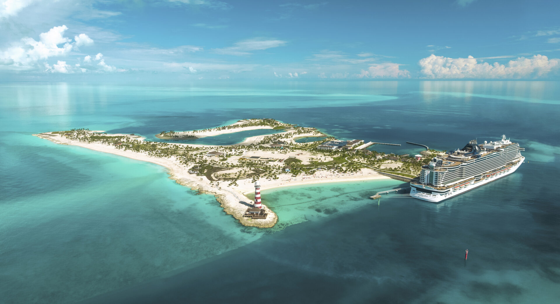 A bird 's eye view of an island with a lighthouse.