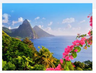 Pitons mountain range overlooking the Caribbean sea.