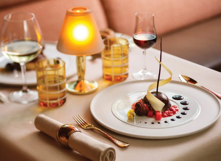 A table with plates and glasses of wine