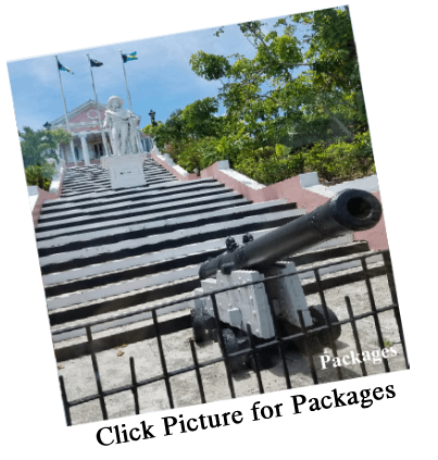 Cannon on stone steps in front of building.